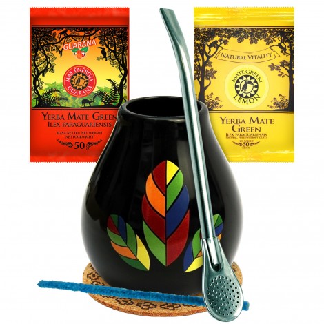 Zestaw do Yerba Mate Mas Energia Guarana + Lemon  + matero Hoja Black + bombilla