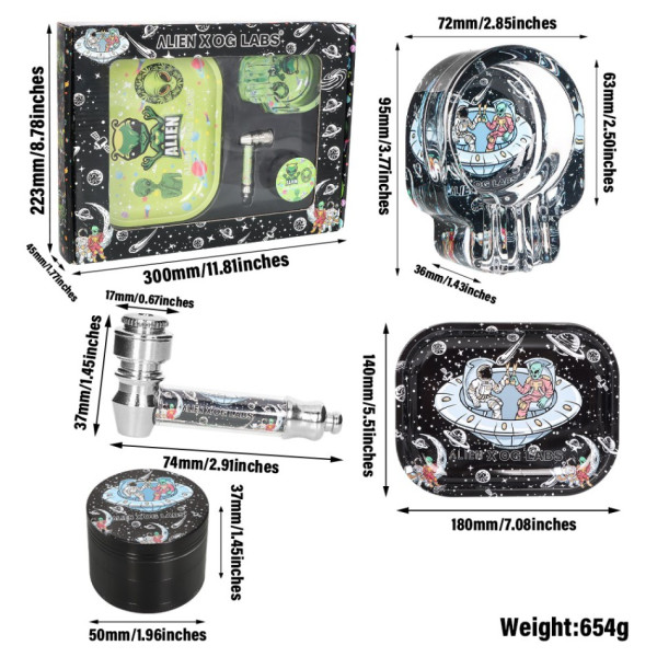 Młynek Metalowy w Zestawie z Lufką, Tacką, Popielniczką - Alien