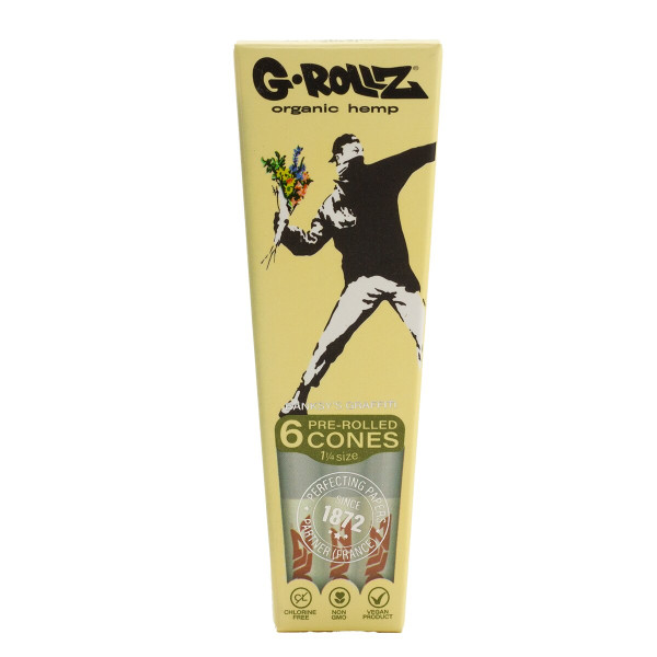 Skręcone Bibułki G-ROLLZ 6szt - Banksy's Graffiti 'Flower Thrower' Organic Hemp '1¼'